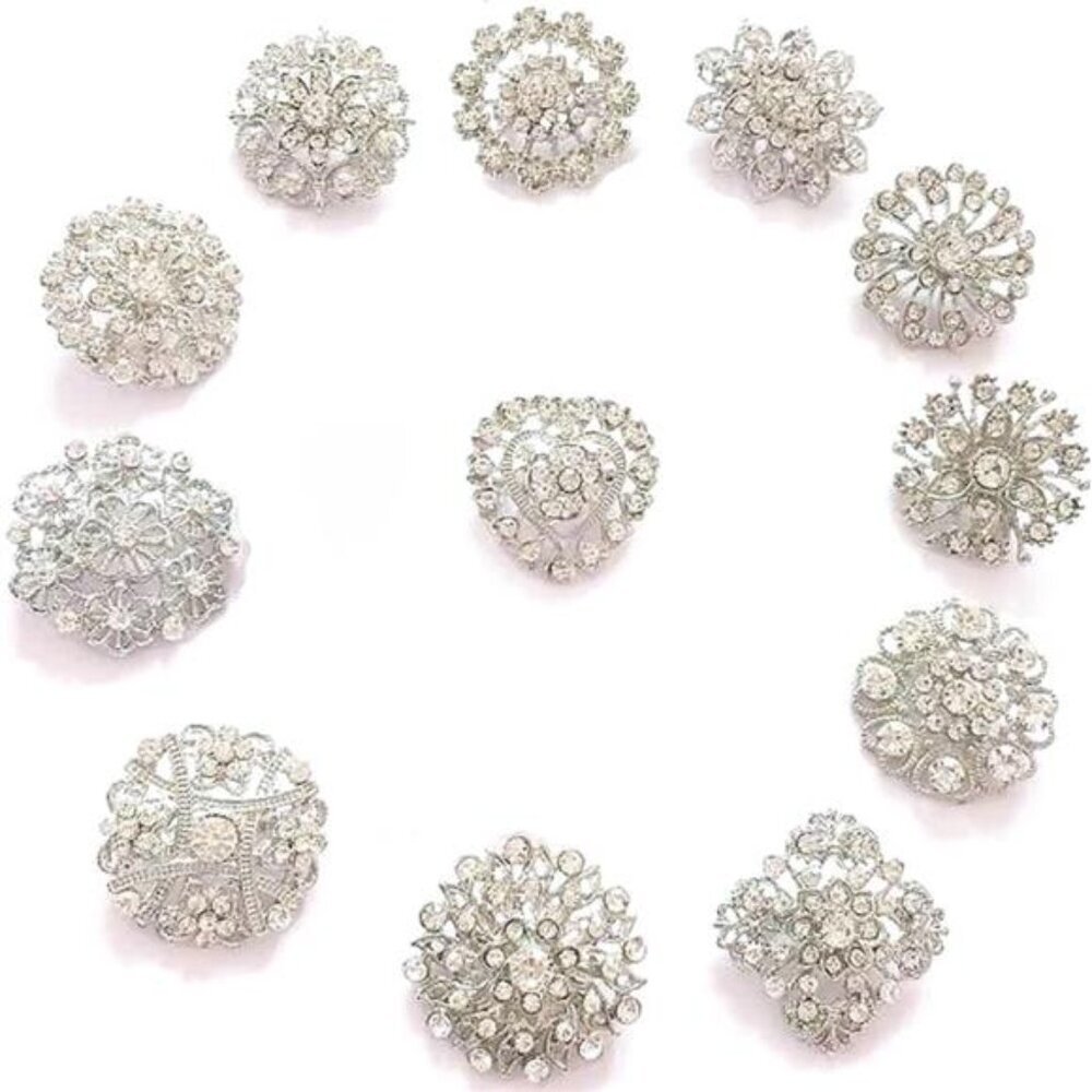 12pcs Rhinestone Crystal Flower Wedding Brooches Pins Set